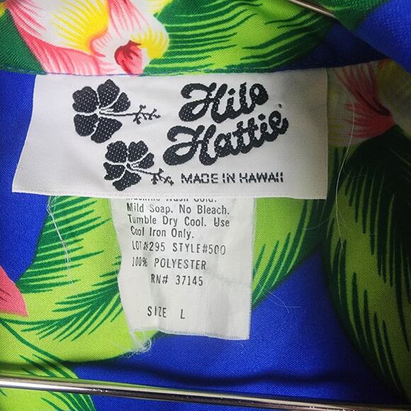 Vtg Hilo Hatties Hawaiian Shirt Mens L Blue Floral Camp Polyester Aloha 90s USA - Picture 3 of 7